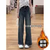 Jeans Azul Vintage de Perna Reta para Mulheres, Forrado com Lã para o Inverno, Engrossado, Cintura Alta, Tamanho Grande, Emagrecedor, Corpo em Forma de Pera, Calças de Perna Larga