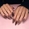 Modelo Mais Vendido no Comércio Exterior: Unhas Postiças Longas Amêndoa Olho de Gato Cor Sólida Marrom Suave e Elegante de 24 Peças para Outono e Inverno Atacado