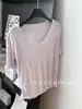Camiseta de Tricô 68% Viscose com Gola Ovos de Floco de Neve Manga Curta Feminina Caimento Solto e Slim Camiseta Básica Verão 2025