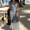 Verão 2025 Coreia do Sul INS Blogger Francês Elegante Elegante Férias Retrô Decote V Costura em Cor Contrastante Sem Mangas Roupas