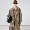 Chaqueta de gamuza sintética de alta calidad en color marrón moca, de dos piezas, para mujer, otoño e invierno, con corte relajado, cintura ajustable, a prueba de viento, abrigo grueso