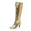 Botas compridas de cadarço, bico fino, salto alto, botas femininas de cano alto da moda, tamanho grande, transfronteiriço 0919-1