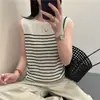 Colete de Tricô de Linho de Seda Gelada Listrado Estilo Old Money para Mulheres, Peça de Exterior de Verão, Top Sem Mangas Casual Solto Fino Francês
