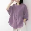 Exportação Transfronteiriça 2026 Aliexpress Comércio Exterior Camisa de Algodão e Linho para Mulheres, Cor Sólida, Mangas Lanterna, Corte Solto, Tamanho Grande, Camisa de Manga Média