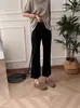 Jeans Acampanados Negros de Nueve Puntos para Mujer en Otoño, Talla Grande, Figura de Pera, Cintura Alta, Efecto Adelgazante, Pantalones Acampanados con Estiramiento en Cuatro Direcciones