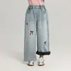 Calça Jeans Infantil Pudding Haru com Bordado de Laço, Forrada com Lã e Espessa para Meninas, Calça Reta Doce e na Moda