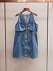 Yilizhuoya Verão Novo Estilo Casual Francês Laço Estéreo Decote V Zíper Sem Mangas Vestido Jeans para Mulheres