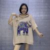 Camiseta de manga corta con capucha y estampado de elefante europeo para mujer, nueva camiseta de 2024 con diseño antiedad holgado y perforado en caliente para industria pesada