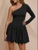 Estilo Europeo y Americano Transfronterizo Otoño Nuevo en Amazon Color Sólido Patchwork Fruncido Sexy Manga Larga Hombros Descubiertos Vestido Ropa de Mujer