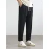 Promoção calça casual masculina de seda gelada, perna reta solta, textura, cintura elástica, slim, respirável, longa, verão, novo