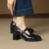 Zapatos Retro Mary Jane de Cuero en Forma de T para Mujer con Tacones Gruesos Altos en Marrón