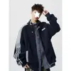 Sudadera con capucha de retazos de bloques de color americano con cremallera y cuello alto para hombre, Otoño Invierno, Holgada, Chaqueta de Béisbol, Cárdigan, Top