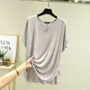 Nova camiseta modal simples de gola V, tamanho grande, para primavera e verão, feminina, adequada como peça externa, top de manga curta, camiseta básica