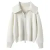 Cardigã de Malha Cashmere Feminino Bordado em Toalha Lapela Grande Outono Inverno Novo Design Espessado Zíper Duplo Casaco Suéter