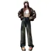 Jeans de Pierna Ancha con Forro de Polar Gris Cemento para Mujer Otoño e Invierno 2024 Nuevos Ajustados Plisados Rectos de Boca Ancha Pantalones Maillard