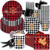 Mm131 Homem da Lenha de Natal Xadrez Vermelho e Preto Utensílios de Mesa para Festa Conjunto de 4 Peças para 8 Pessoas Pratos de Papel Guardanapos de Papel Copos de Papel