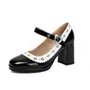 Zapatos de mujer de comercio exterior 2026, tacones altos de bloques de color, talla 32-48, punta cuadrada, suela gruesa, tacón alto, correa, zapatos de mujer estilo lolita