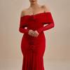Ropa de Mujer para Exportación Europea y Americana Otoño 2025 Nueva Moda Elegante Color Puro Plisado Delgado Manga Larga Hombro Descubierto Vestido