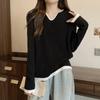 Suéter de Punto con Bloques de Color y Cuello en V de Manga Larga para Mujer, Ropa para Mujer de Tallas Grandes para Primavera y Otoño, Corte Holgado, Adelgazante, Top que Cubre el Vientre, Camiseta Base