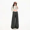Pantalones casuales de traje transfronterizos 2026 para mujer, pierna recta holgada estilo americano, con caída y plisados, pantalones largos grises, longitud extendida gris