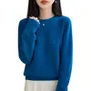 Elegante camisa base de lã cinza para mulheres, 100% lã pura, caimento solto, sem costura, tricô de uma linha, suéter simples de gola redonda