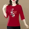 Camiseta de manga três quartos para idosos, de comércio exterior transfronteiriço, com estampa, gola redonda, corte solto, emagrecedora, versátil, casual, blusa para reduzir a idade, blusa básica
