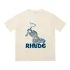 High Street Europeo y Americano Marca de Moda RHUDE Atardecer Cara Redonda de Corazón Impresión de Letras Nuevas Oversize Holgada Camiseta de Manga Corta