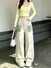 Pantalones de pierna ancha de retazos con estampado de leopardo de moda para mujer, con diseño de remaches, estilo callejero, corte holgado, versátiles pantalones largos de mezclilla