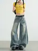 Jeans rasgados de guadaña de estilo callejero americano para mujer, primavera y otoño, elegantes de cintura alta, holgados, lavados, de pierna ancha, largos