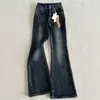 Calça jeans retro microflare azul-acinzentada para mulheres, Novo Estilo Primavera/Outono 2026, Botão Duplo, Stretch, Cintura Alta, Emagrecedor, Calça Flare