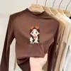 Camiseta de manga longa dupla face em fleece estilo coreano para meninas, coleção outono e inverno, para crianças mais velhas, justa, quente, gola alta discreta, base casual