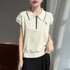 Top de mujer de verano más vendido, estilo casual de seda helada, cuello polo con cremallera, manga media, versátil, estilo coreano, simple, color liso