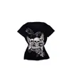 Camiseta de Manga Curta Estilo Europeu e Americano para Mulheres, Subcultura Spicy Girl Slim Fit Versátil Estampa de Caveira Preto Puro Gola Redonda Doce Cool Top Exportação