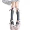 Calcetines Rosas con Moño Estilo Nuevo para Mujer, Zapatos Planos a Juego para Chica Pura Deseo, Medias Grises para Pantorrilla, Calcetines de Felpa Beige