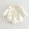 Macacão Romper Bebê Menina Estilo Coreano Algodão Puro Gola de Renda para Recém-Nascidos e Crianças Pequenas Primavera e Outono Solto Casual