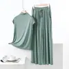Conjunto de Pijama de Modal Gola Alta Sem Mangas Calça de Perna Larga Solta Tamanho Plus Casual Simples Roupa de Casa Conjunto de Duas Peças