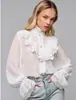Camisa de Manga Longa com Gola Alta para Mulheres 2025 Primavera e Outono Nova Moda Camisa de Manga Longa com Laço, Gola Alta, Renda e Chiffon