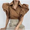 Camisa corta de color liso con solapa y mangas abullonadas grandes de estilo coreano para mujer, camisa informal de moda de verano