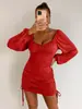 Vestido Bodycon de Cuello Cuadrado con Cordón Fruncido Vestido Sexy de Manga Abullonada Estilo Chica Caliente Europea y Americana Ajustado Vestido de Fiesta Vestido Corto