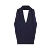 Chaleco Cardigan de Punto con Cuello Halter para Mujer Verano 2025 Nuevo Estilo Sexy Americano Color Sólido Cuello en V Chaleco de Botones