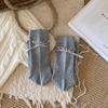 Calcetines Grises con Lazo de Pedrería en el Talón, Calcetines de Canalé de Doble Aguja a Media Pantorrilla para Mujer, Calcetines Slouch de Moda Versátiles Estilo Coreano
