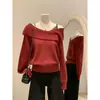 Blusa de tricô elegante, assimétrica e de manga comprida, estilo coreano, para mulheres, coleção outono 2026, com um charmoso design ombro a ombro
