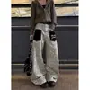 Pantalones Vaqueros de Pierna Ancha Banana Casuales para Mujer de Estilo Callejero Holgado Transfronterizos Pantalones Vaqueros con Bolsillo de Parche Estampado de Leopardo Retro Americano Hombres