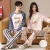 Pijama de Algodão Puro para Casal Primavera e Outono Manga Longa Cachorrinho Cartoon com Bojo Corte Solto Pode Ser Usado Fora Conjunto Homewear