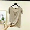 Nova camiseta de verão com renda e cadarço, manga curta, para mulheres, fina, estilosa, versátil, modeladora, plus size