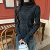 Camisa Básica Feminina Tie-Dye DeRong Gola Alta Meio, Nova Camiseta Top Quente de Manga Longa Slim-Fit