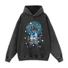Sudadera con Capucha Pesada Lavada con Efecto Desgastado Hoodie Bidimensional Estampado de Anime Holgada Unisex Chaqueta Casual Urbana