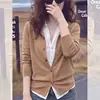 Cárdigan de punto de dos piezas con bloques de color, cuello polo, manga larga para mujer, atuendo de otoño, chaqueta corta ajustada y elegante