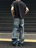 Venta al por mayor de fábrica Jeans Retro Americano con Patrón Ondulado Rasgados Pierna Curva Marca Trendy para Hombre Pantalones Anchos Holgados Estilizadores de Piernas de Largo hasta el Suelo