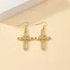 Pendientes de aro con cruz de diamantes de alto sentido de la moda europea y americana para mujer, personalidad, diseño creativo, pendientes huecos, joyería para la oreja, venta al por mayor